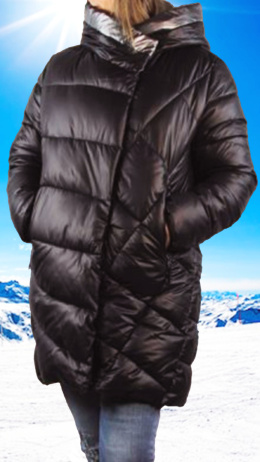 ciepła damska kurtka zimowa długa z kapturem czarna na zewnątrz