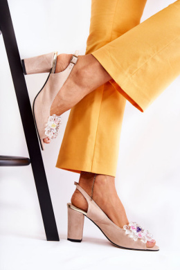 MERISS Zamszowe modne czółenka sandały z ozdobą beżowe