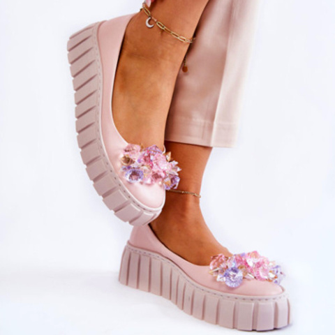 buty damskie LADETTE skórzane baleriny na platformie z ozdobą różowe